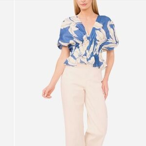 Parker The Halle Linen-Blend Pintucked Blue Floral Top  SZ 4 NWTs